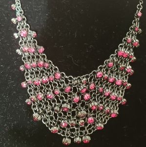 Cascading Bugle Bling Beaded 20"  Necklace Faceted Faux Ruby Stones